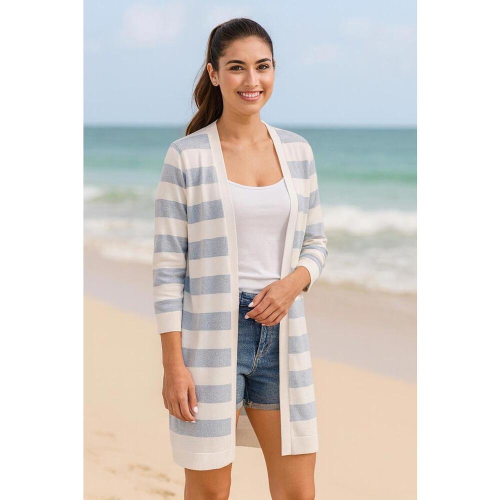Talbots Sweater Womens Blue White Stripe Open Front Longline Cardigan, MP Petite